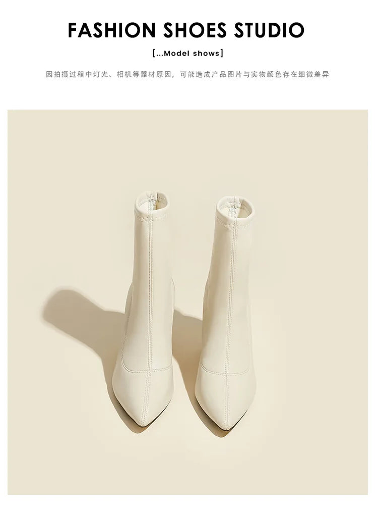 Pointed Leather High Heel Ankle Boots
