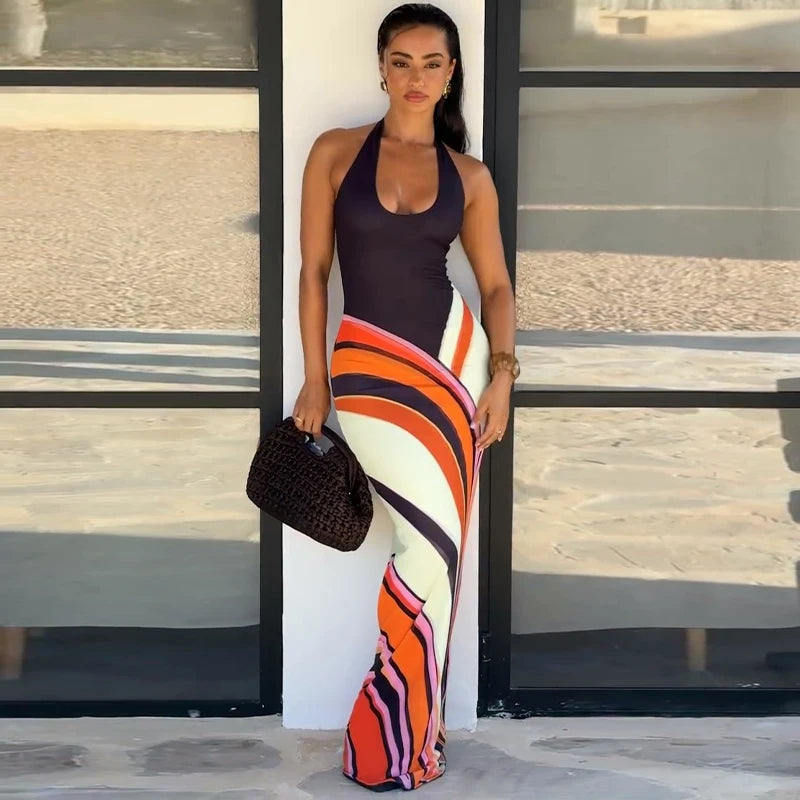 Color Block Sleeveless Backless Square Neck Maxi Dress For Women