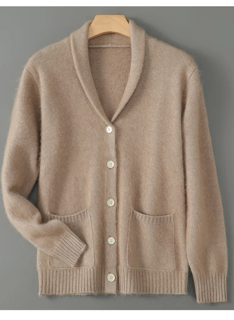 Warm Winter Wool Knit V-Neck Pocket Cardigan for Women