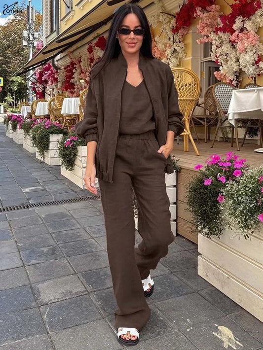 Oymimi Fashion Brown Loose 3 Pieces Set For Woman Elegant Zipper Shirts And V-Neck Sleeveless Tops + Straight Pockets Pants Sets