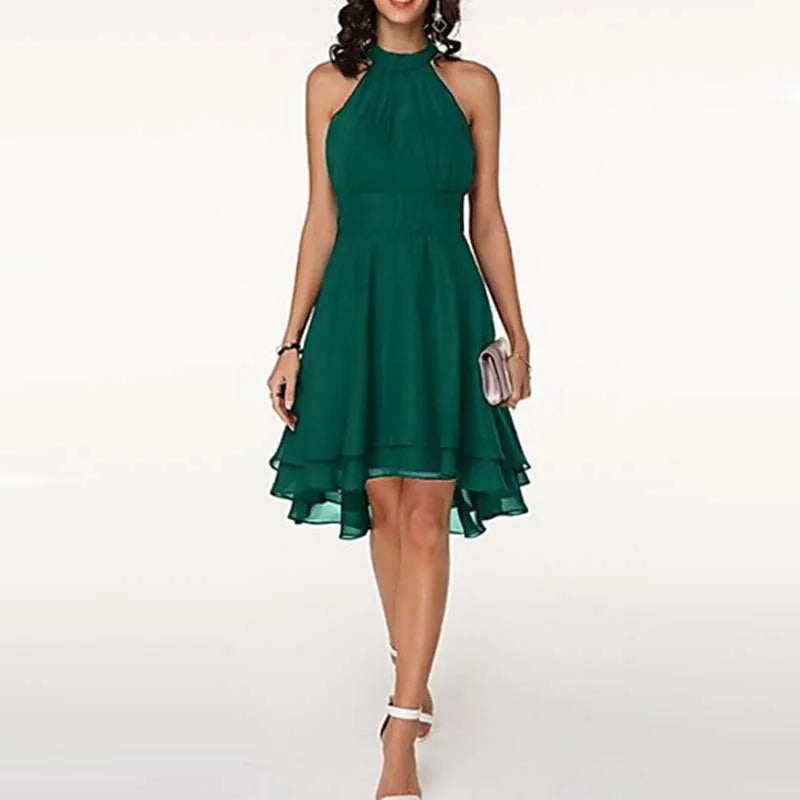 Elegant Sleeveless Halter Neck Chiffon Midi Dress for Women