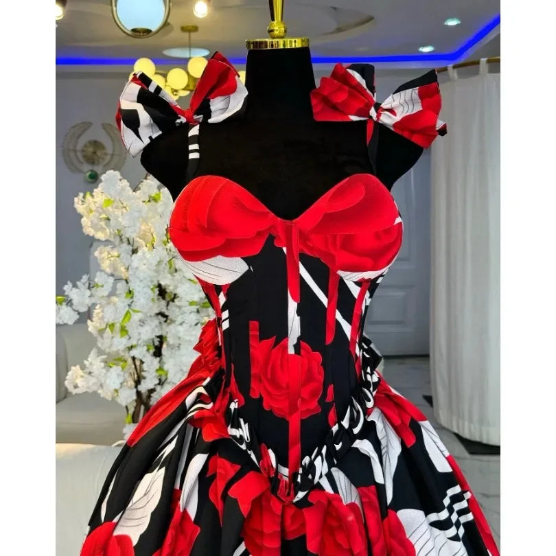 Customized Elegant Stylish Tube Top A-line Flower Print Waist-fitted Midi Dresses Fashion Summer Sexy Low-cut Bow Straps Casual