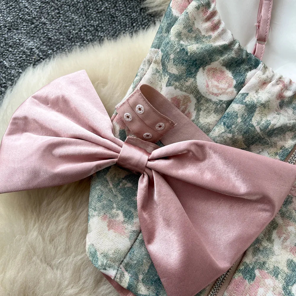 Bow Floral Satin Cami And Mermaid Skirt Set for Women