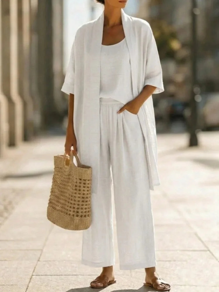 Casual Solid Cotton Linen Wide Leg Three Piece Set for Women