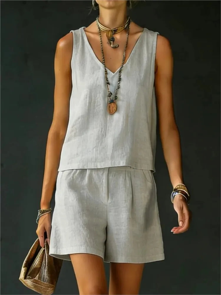 Cotton Linen Summer Casual Vest and Shorts Set for Women