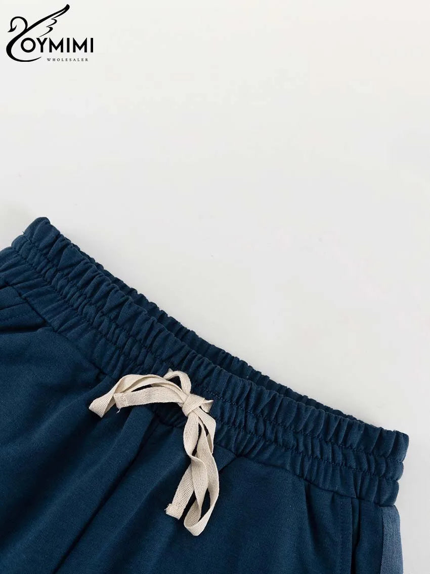 Oymimi Casual Blue Patchwork Sets For Women 2 Pieces O-Neck Long Sleeve Blouse And Drawstring Straight Sweatpants Set Streetwear