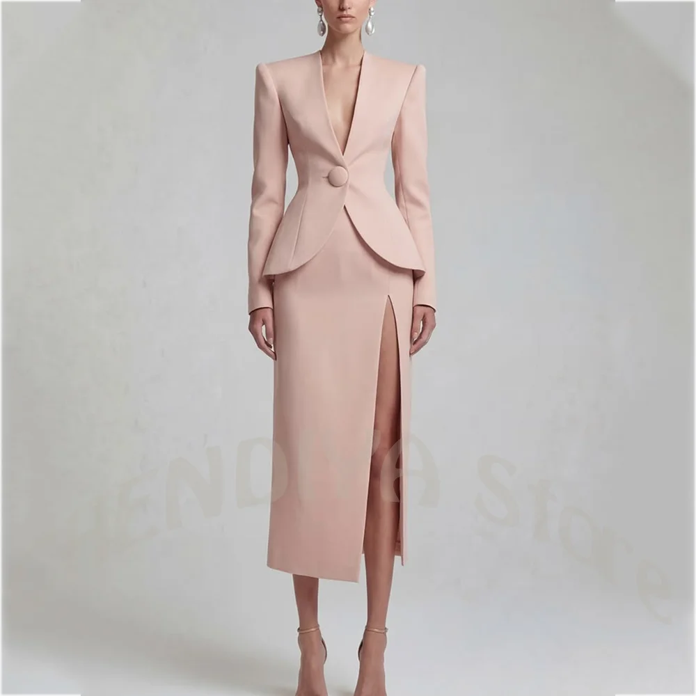 Modern Women's Suit Deep V-Nek Peplum Blazer with Padded Shoulder High Slit Midi Skirt Tailored Slim Fit Office Business Outfit