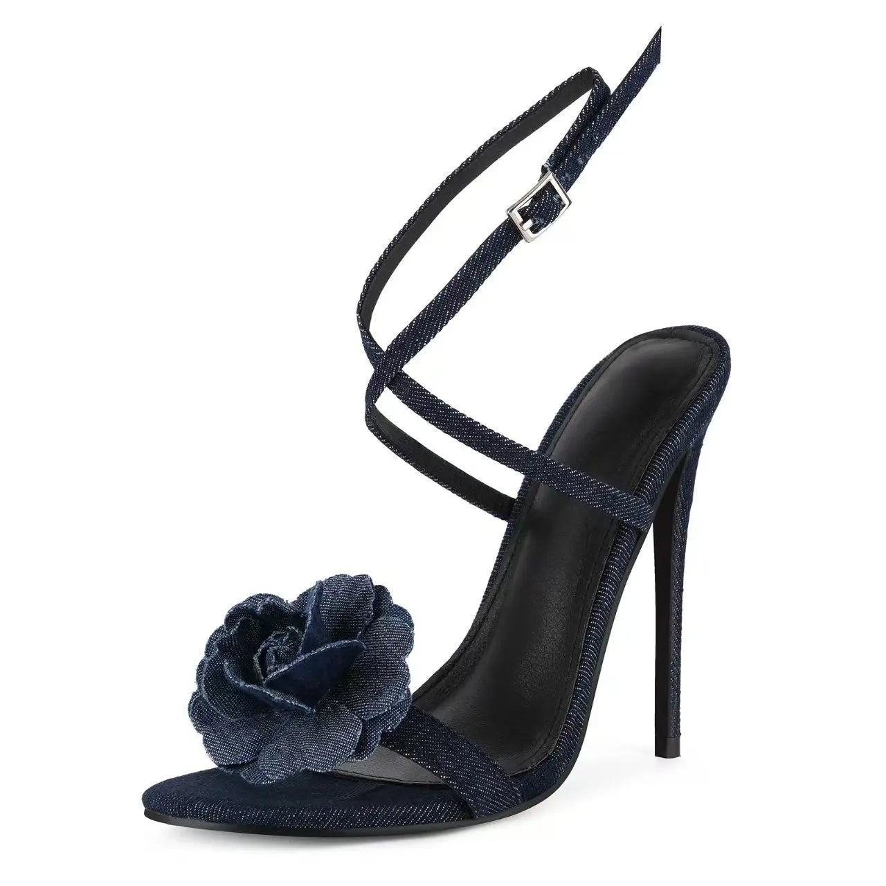 Denim Rose Floral Open Toe Adjustable Ankle Strap Stiletto Sandals for Women