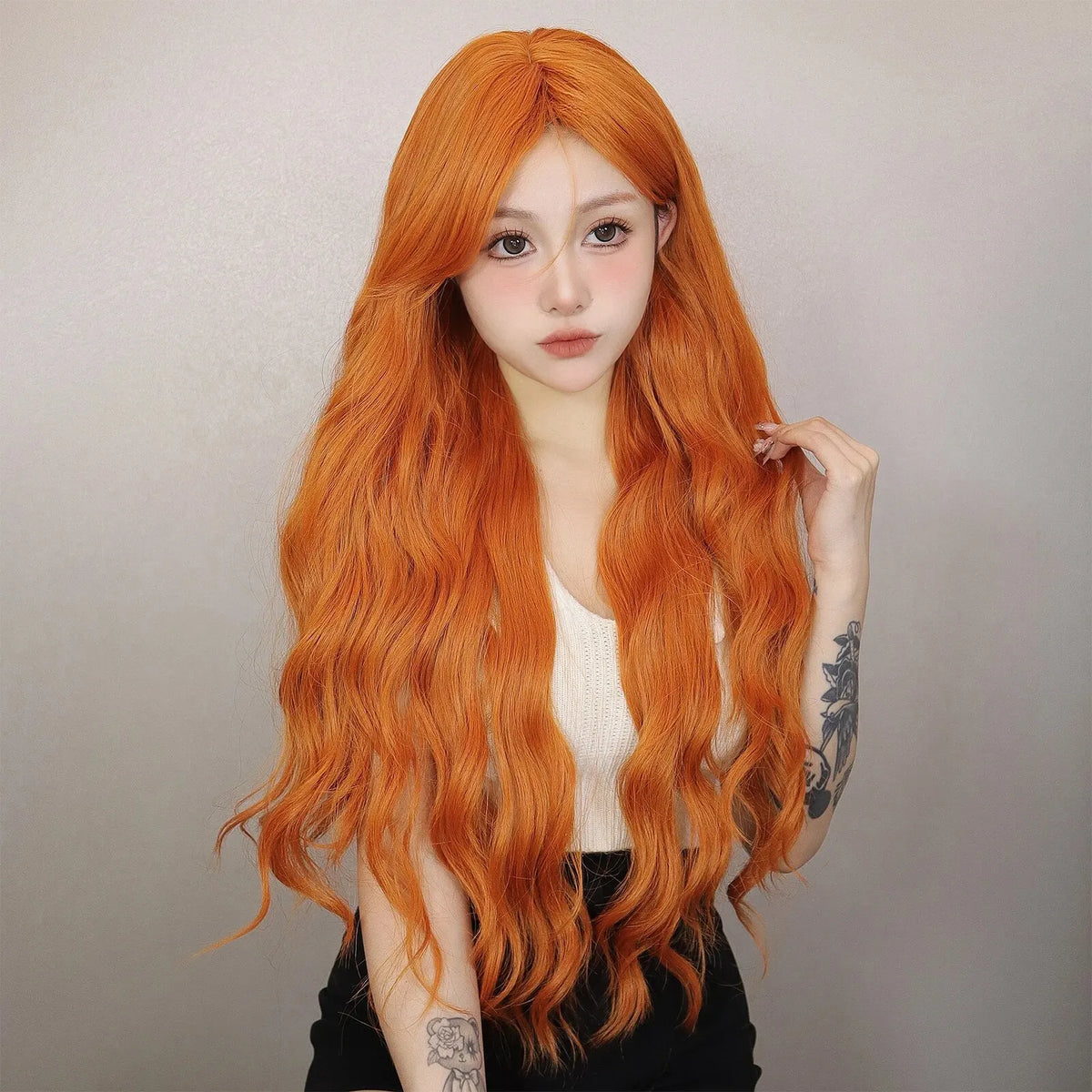 Long Water Wave Orange Synthetic Wig With Bangs for Women