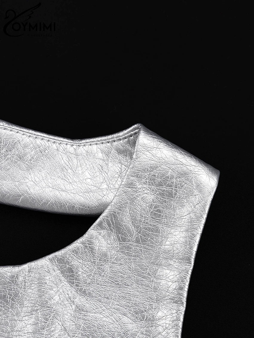 Oymimi Sexy Sliver Bodycon Dress Lady Fashion Slim O-Neck Sleeveless Mini Dress Elegant Classic Party Dresses For Women 2023