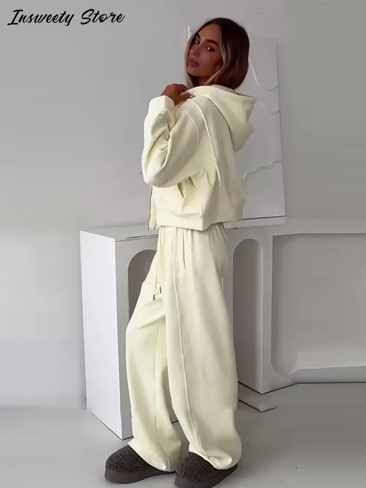 Casual Hooded Jacket and Wide Leg Pants Set for Women
