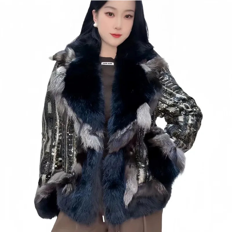 Faux Fur Coats for Women,Covered ButtonJacket,Thicken Warm Female Clothes,Luxury,Fox Fur Collar,Spliced,Sequins,New, Winter