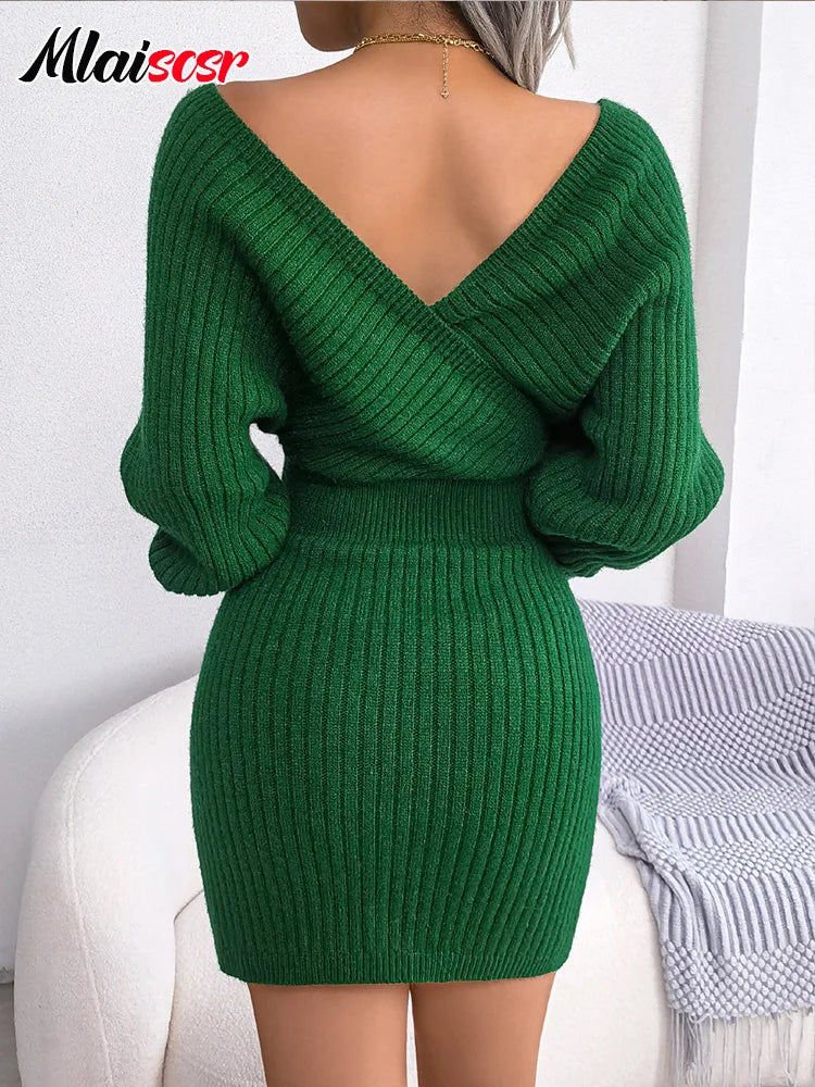 Mlaiscsr Women's V-neck Long Bat Sleeve Backless Knit Sweater Mini Dress Elegant Autumn Evening Birthday Party Winter Vestidos