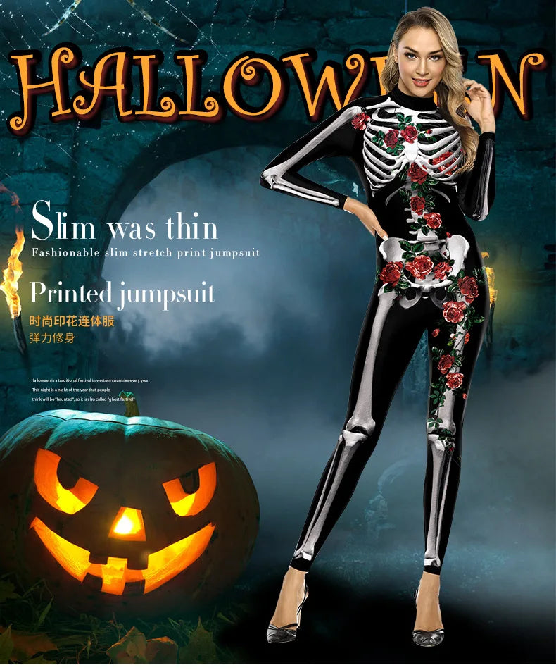 Cosplay Rose Skeleton Print Halloween Jumpsuit for Women
