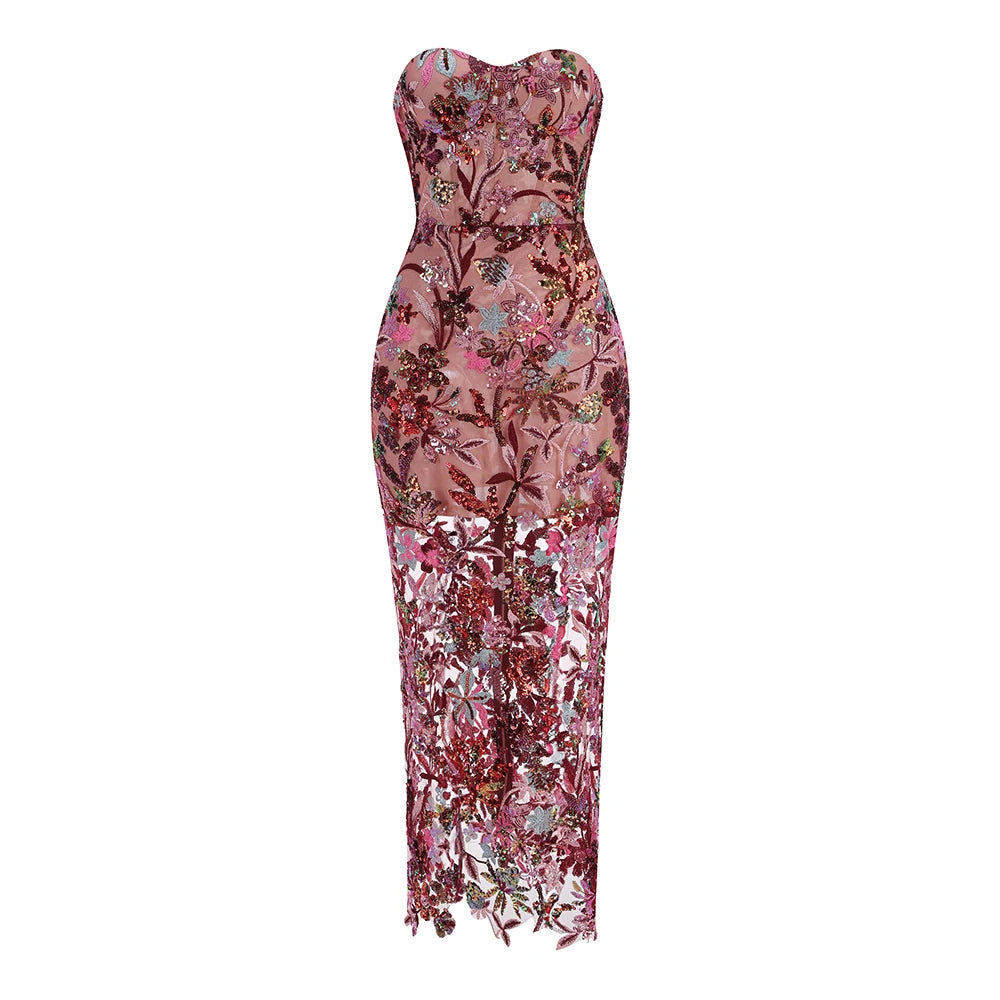 Floral Embroidery Sequin Patchwork Mesh Long Backless Dress for Women