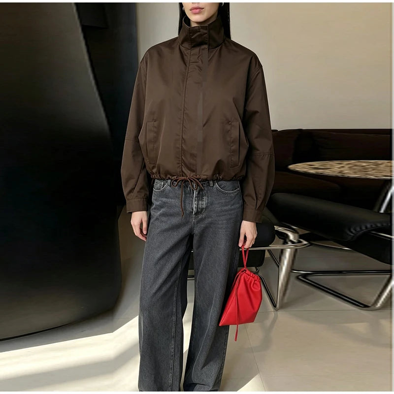 Casual Solid Jacket With Stand Collar And Pockets for Women