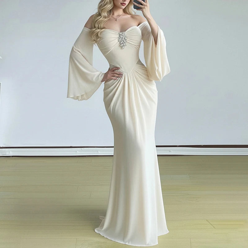 2026 Sexy Backless Draped Party Dress Elegant Strapless Flared Sleeves Evening Dress Women Fashion Hight Waist Solid Long Dress