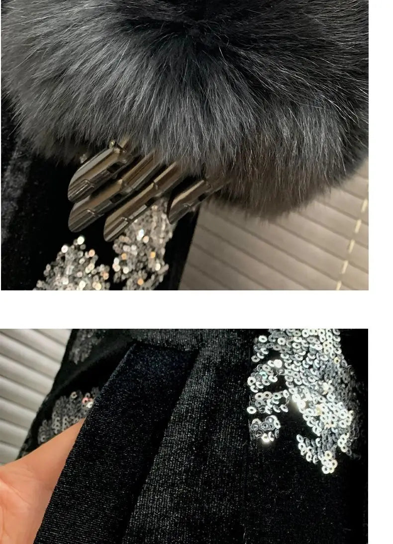Black Velvet Sequins Windbreaker Coat Autumn/Winter New English style Luxury Sequin Embroidered Women's Coat