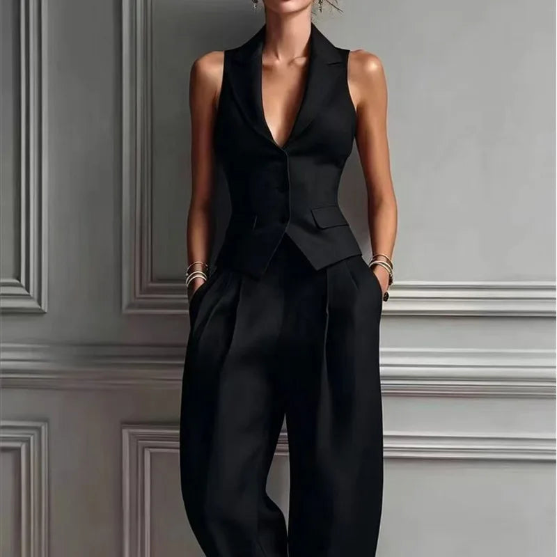 Sleeveless Single Breasted Vest and Pants Set for Women