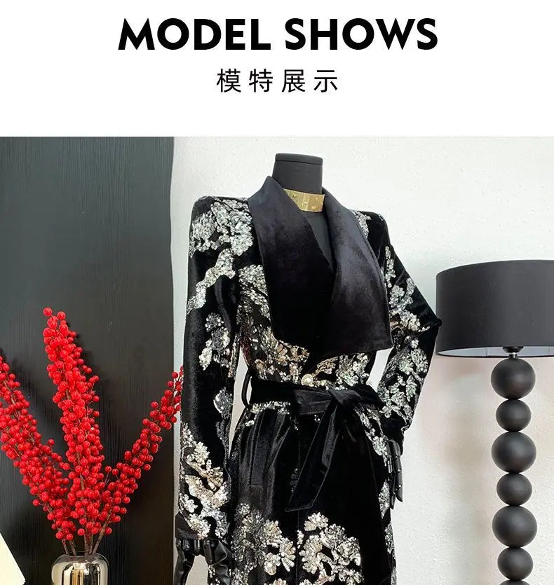 Adjustable Waist Windbreaker Coat Autumn/Winter New Sequins Trench Coat, Women's Coat, English Style Overcoat