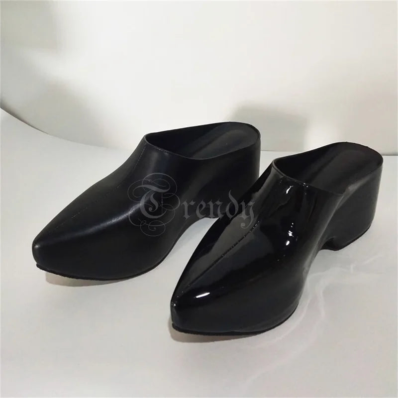 Black Mirror Leather Pointed Toe Crystal Slingback Mules For Women