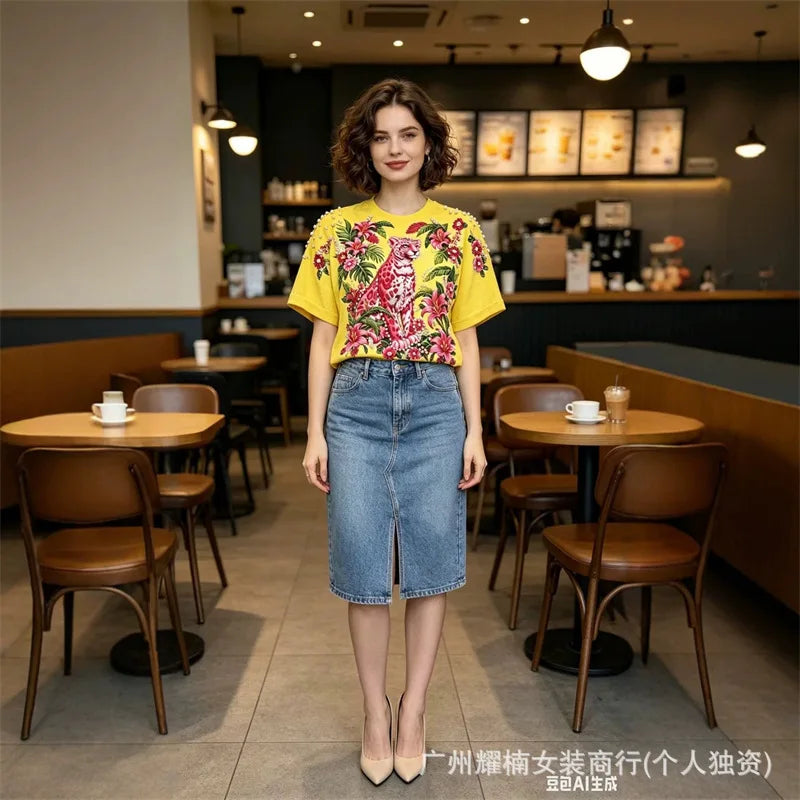 Relaxed Fit Beaded Animal Print Crew Neck Tee For Women