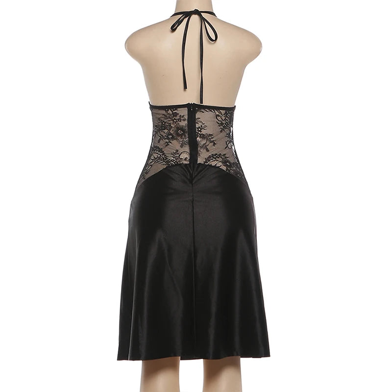 Halter Lace Patchwork Bodycon Midi Dress for Women