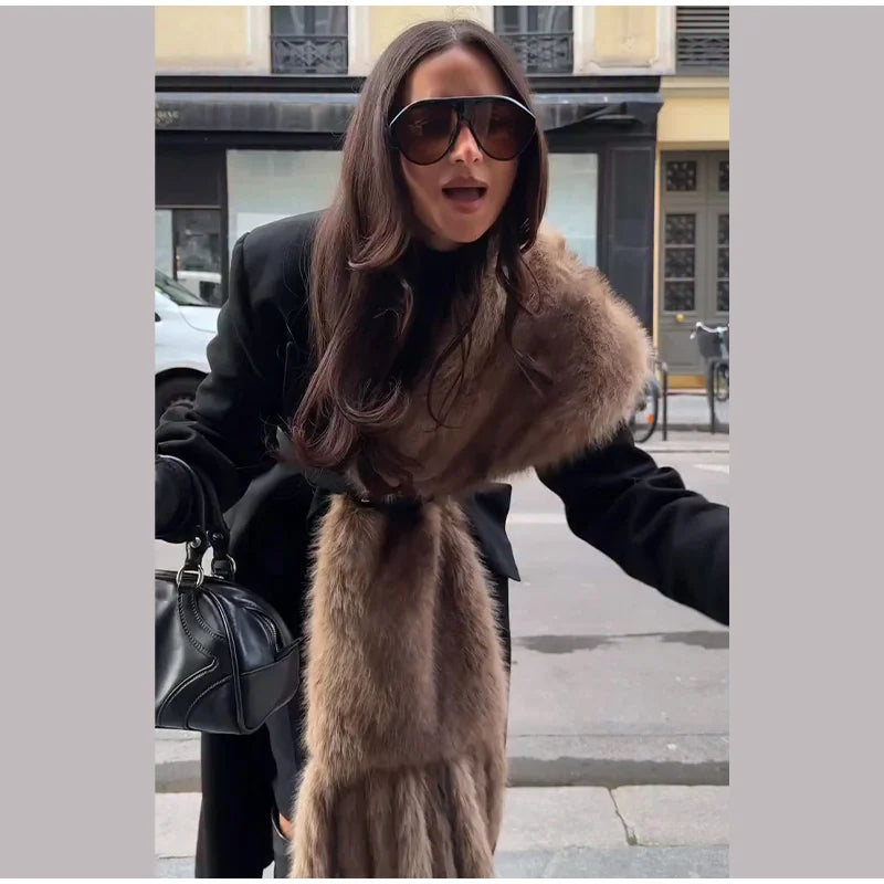 Long Thick Plush Faux Fur Scarf With Fringe for Women