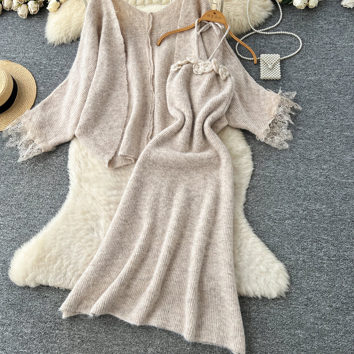 Lace Trim Knit Cardigan and Floral Halter Dress Set for Women