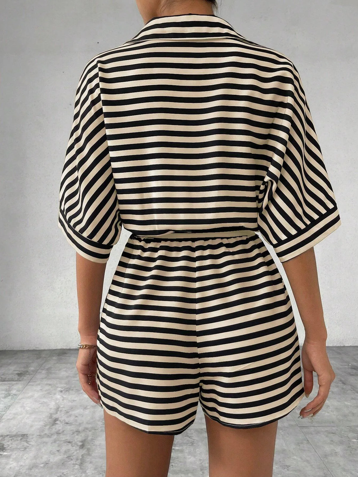Casual Striped Batwing Sleeve Top And Shorts Set For Women