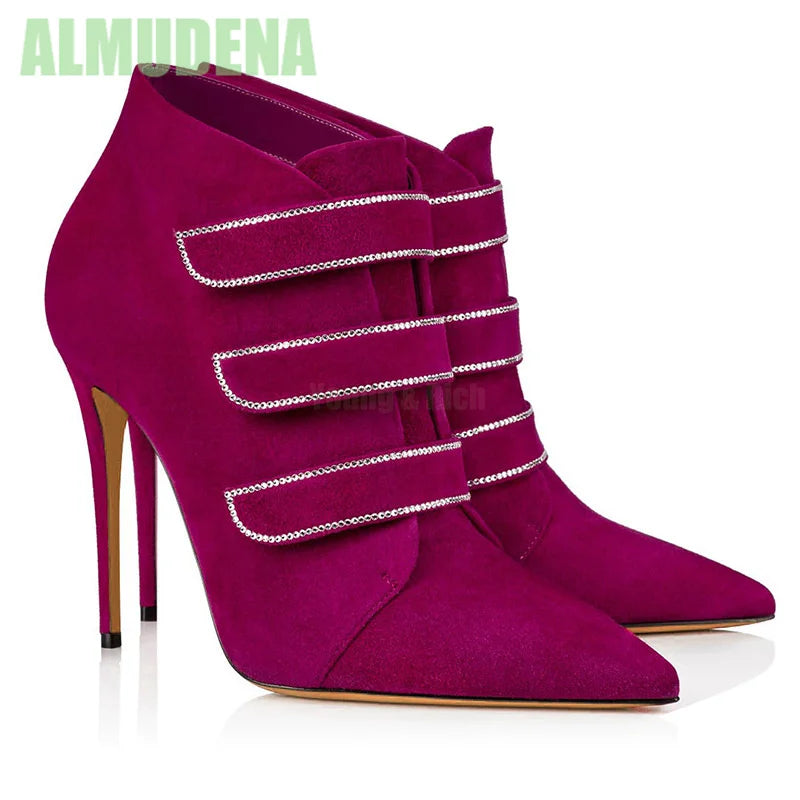 Rhinestone Pointed Toe Suede Thin High Heeled Ankle Boots For Women