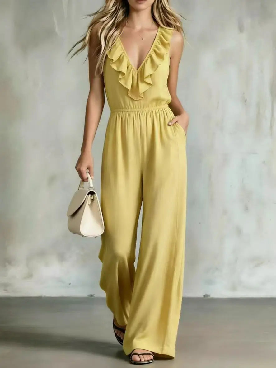 Sleeveless Ruffle V Neck Elastic High Waist Pocket Wide Leg Jumpsuit for Women