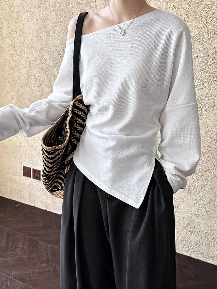 Black Pleated Asymmetrical Collar Sweatshirt for Women