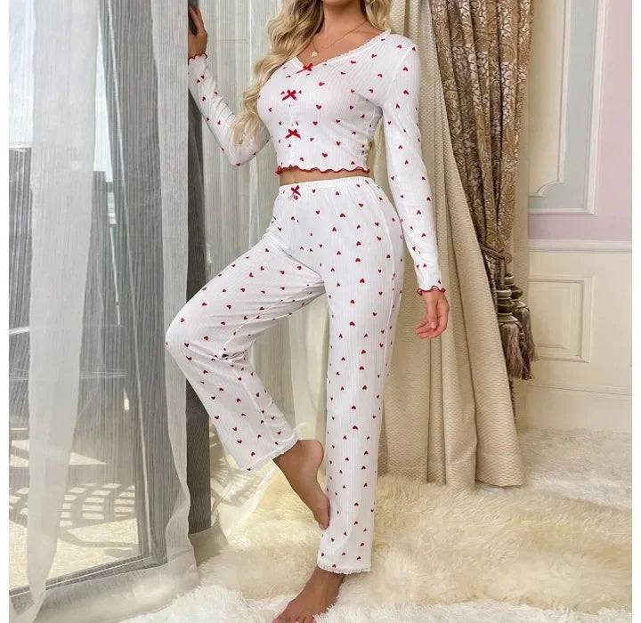 2 Piece Sets Womens Outifits Autumn New 2024 Love Long Sleeved Pajamas for Female Can Be Worn Outside Pants Suit Streetwear