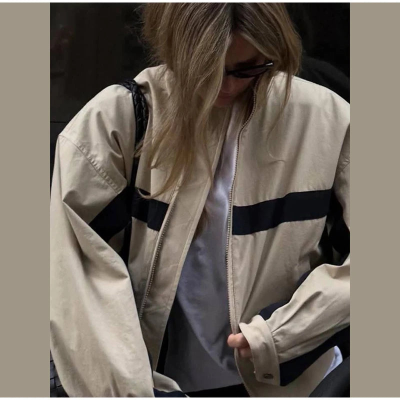Color Block Zip Up Cropped Jacket With Stand Collar For Women