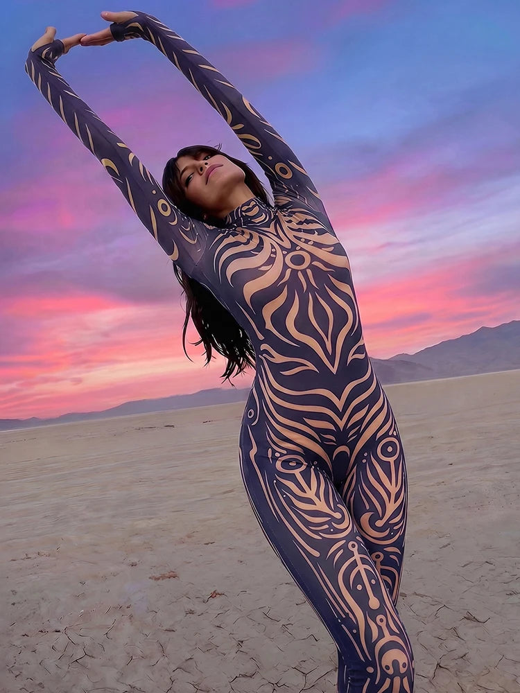 Striped Stretch Turtleneck Long Sleeve Jumpsuit for Women