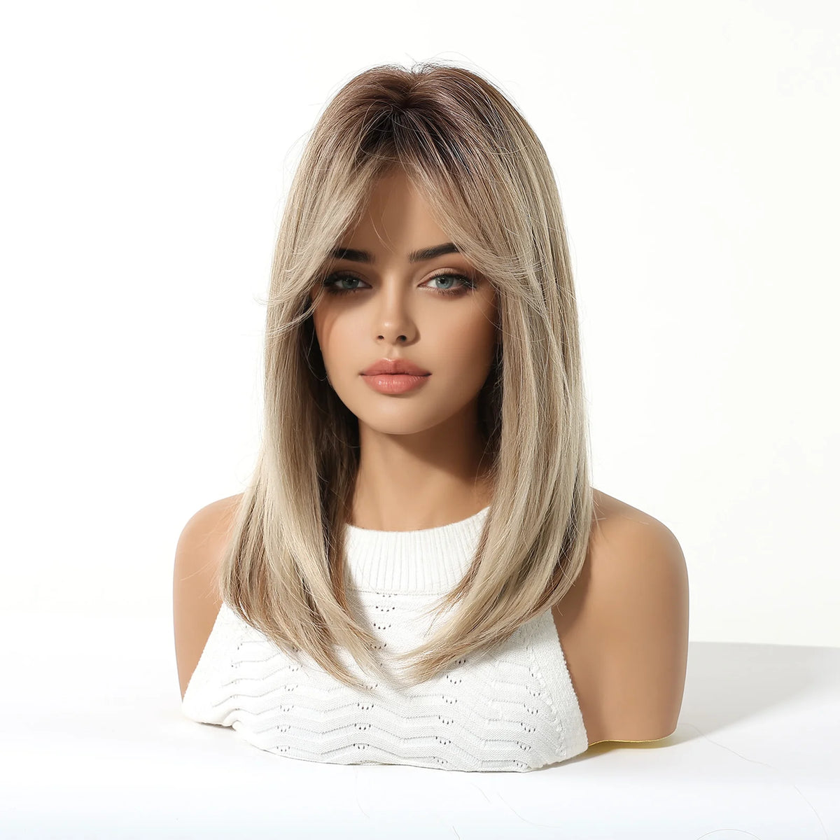 Medium Length Straight Blonde Wig With Bangs for Women