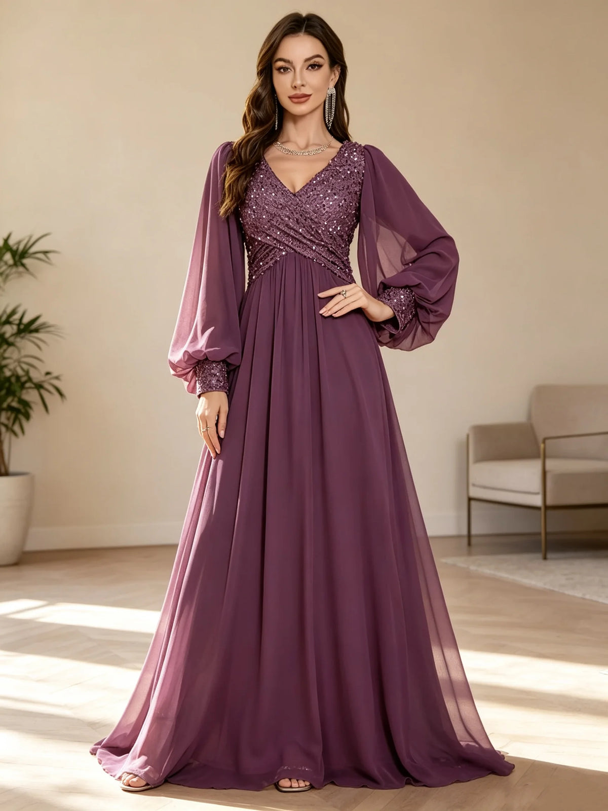V-Neck Sequined Chiffon Evening Gown