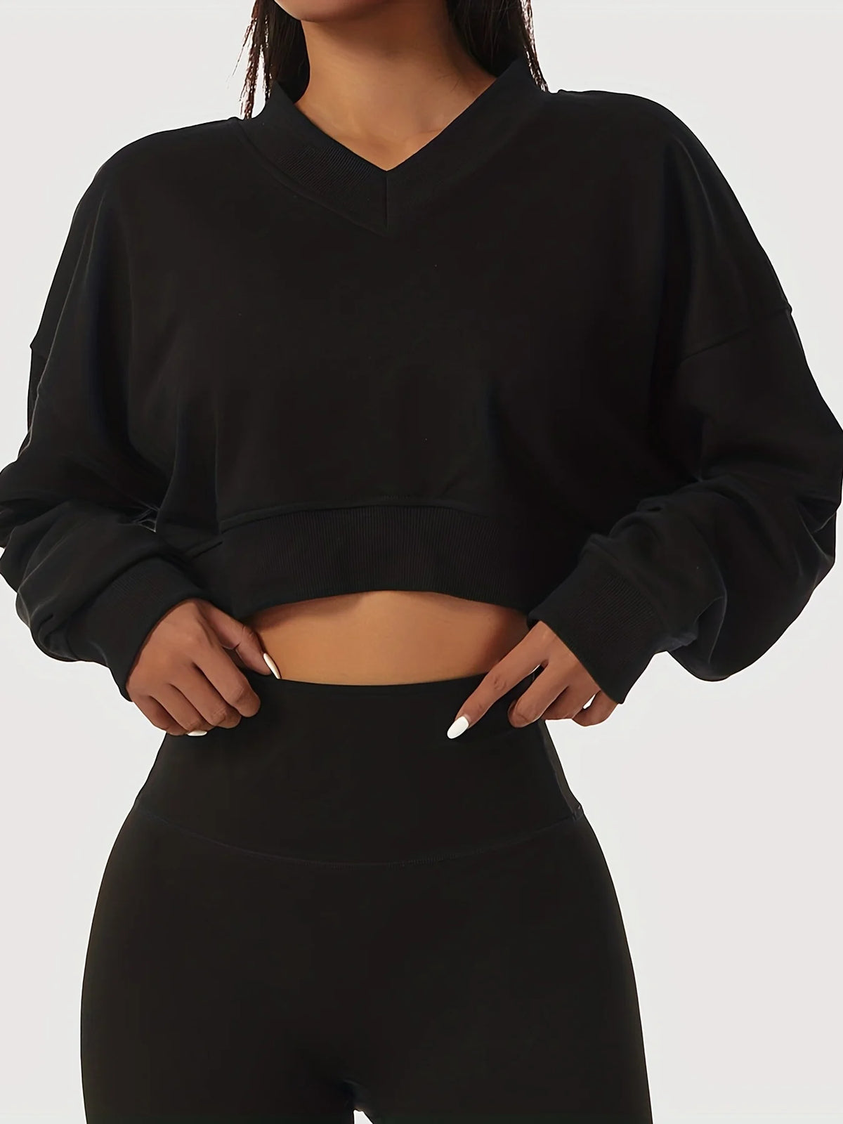 Casual Cropped V Neck Long Sleeve Sweatshirt for Women