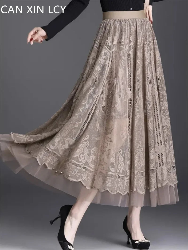 High Waist Lace Skirt With Hollow Out Studded Details For Women