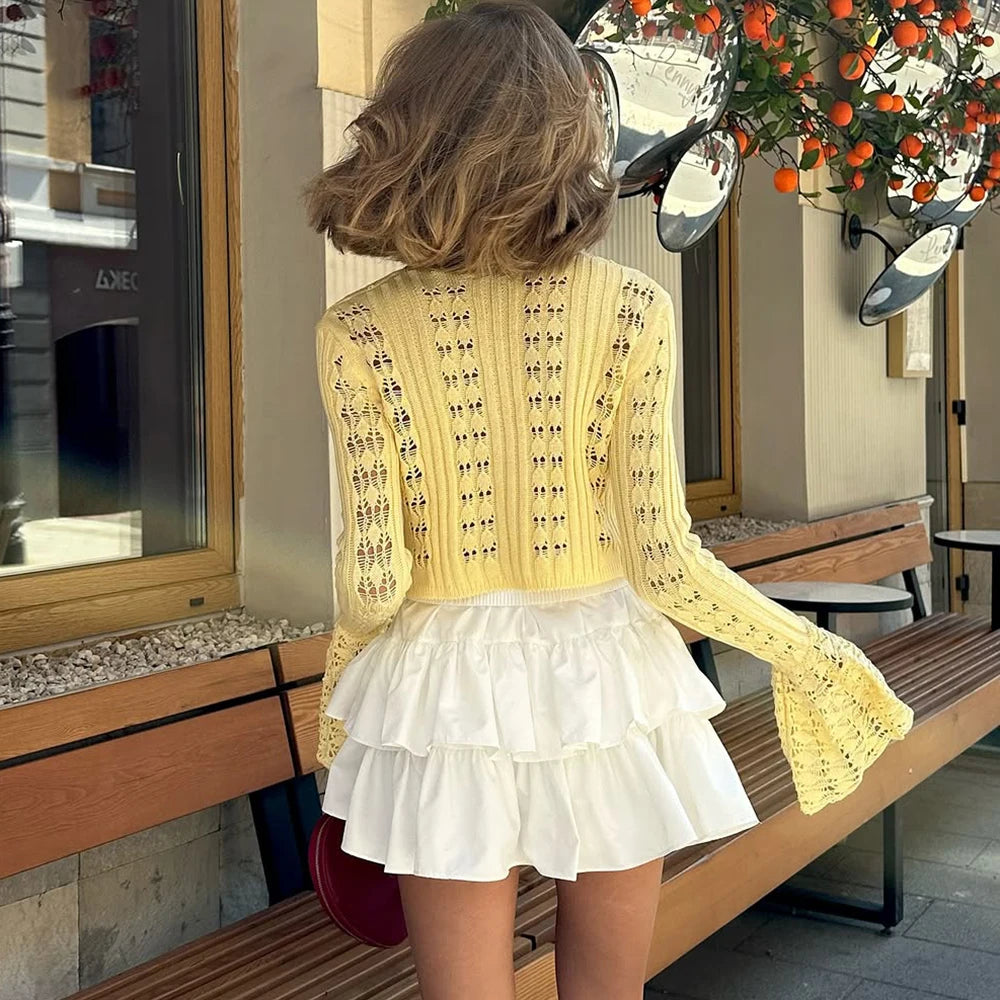 Autumn Knitted Cardigan Female Solid V-Neck Hollow Out Short Knitted Top Fashion Casual Loose Commuter Female T-Shirt