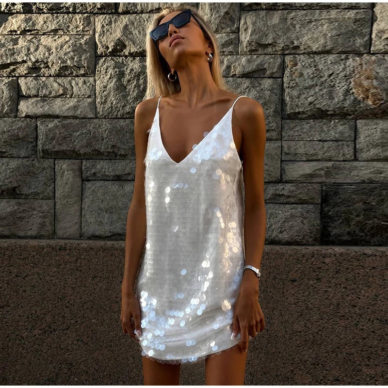 Chic Sequin Deep V Neck Backless Mini Dress For Women