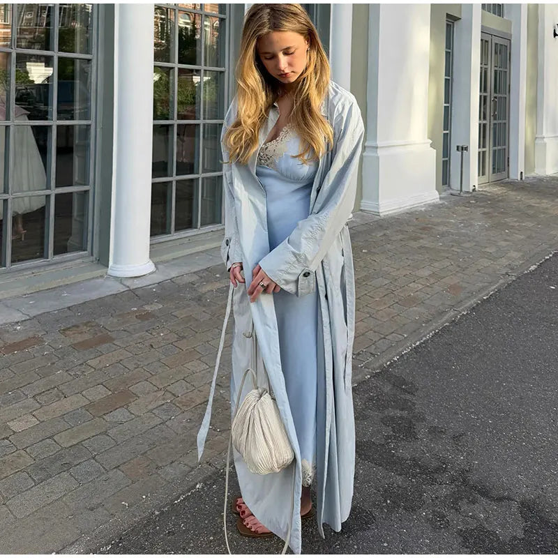Lapel Collar Button Front Long Trench Coat With Waist Belt for Women