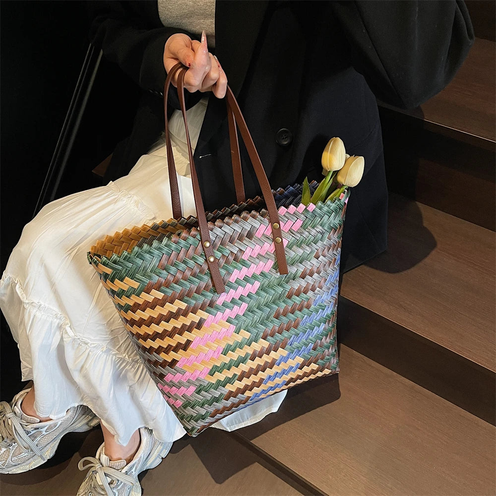 Colorful Braided PVC Tote Bag for Women With Large Capacity