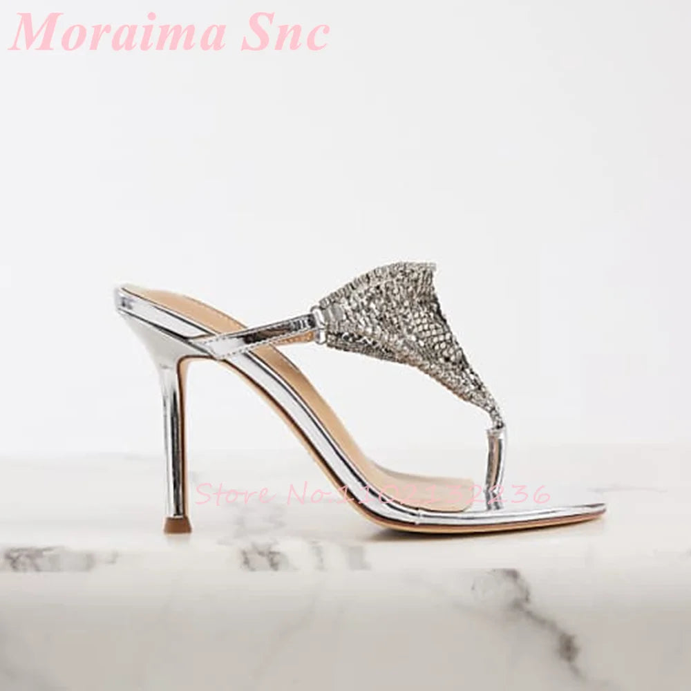 Mirror Silver Metallic Stiletto Heel Mule Sandals For Women