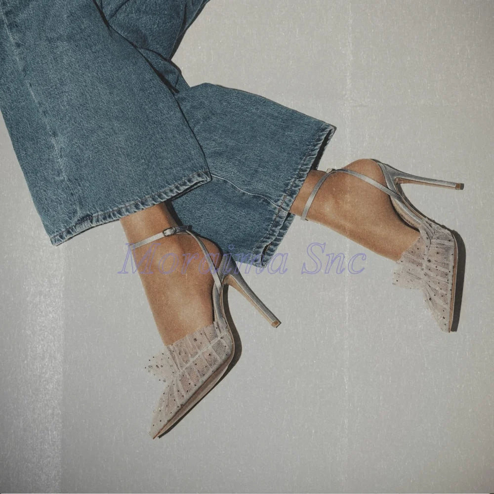 Pink Pointed Toe Ruffled Rhinestone Stiletto Sandals for Women