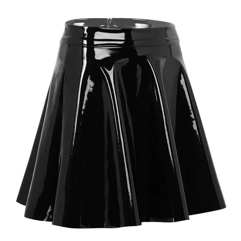Women Gothic PVC A-line Skating Skirt Shiny Patent Leather Pleated Skirt Ladies High Waist Faux Latex Mini Skirt Custom Clubwear