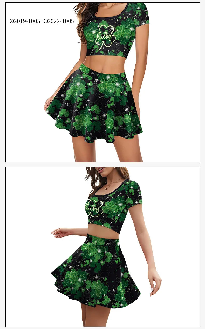 Festive Irish Green Shamrock Plaid Knit Skirt Set for Women
