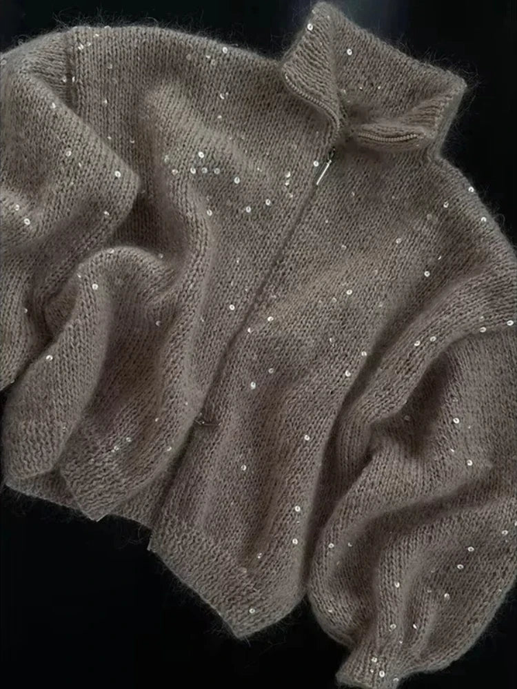 Sequins Knit Women 's Sweater Elegant Stand Collar Y2k Full Sleeve Sweaters Lady 2025 New Autumn Winter Woman Jacket Knitwear