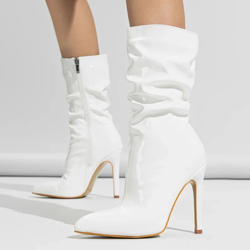 High Heel Patent Leather Pleated Ankle Boots for Women